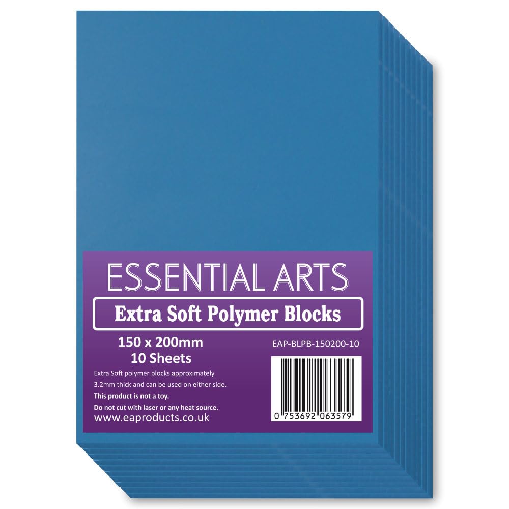 Extra Soft 150 x 200mm Double Sided Blue Polymer Blocks Pack of 10 – 3.2mm Super Soft Printing Sheets for Easy Lino Carving Art and Craft 15 x 20cm – by Essential Arts