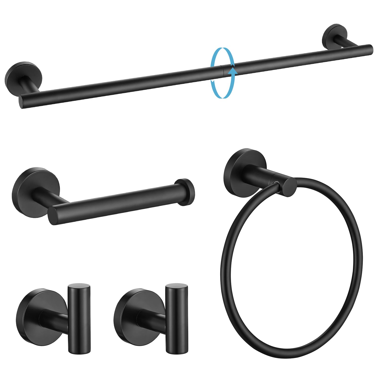 TURS Bathroom Accessory Set SUS 304 Stainless Steel Toilet Paper Holder Towel Bar Robe Hook Towel Holder Wall Mount (Black 5 Piece Set)