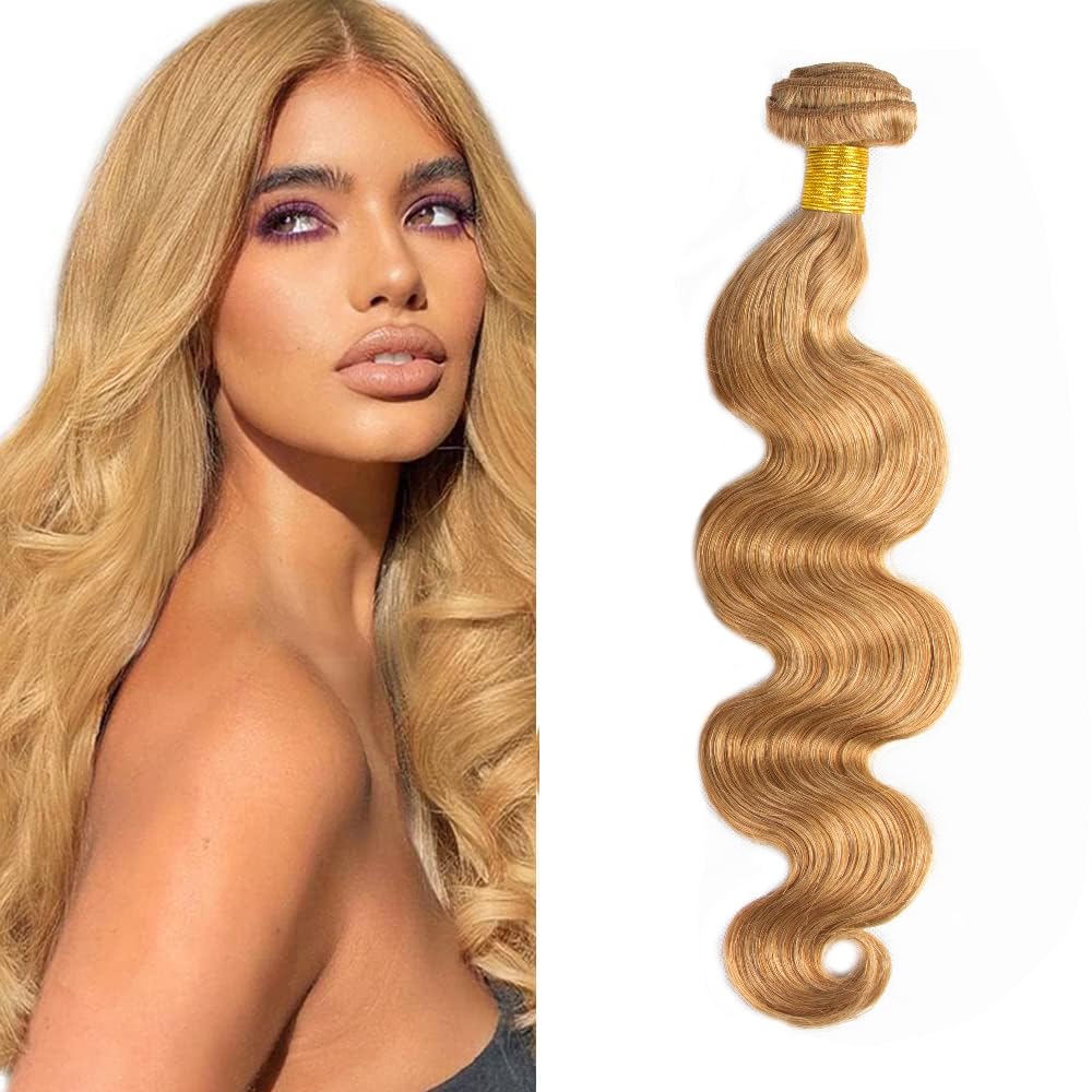 Photo 1 of Honey Blonde Bundles Human Hair 27 Body Wave Bundles 12 inch 1 Bundle 50g Double Weft Soft Real 27 Blonde Bundle Human Hair Extensions
