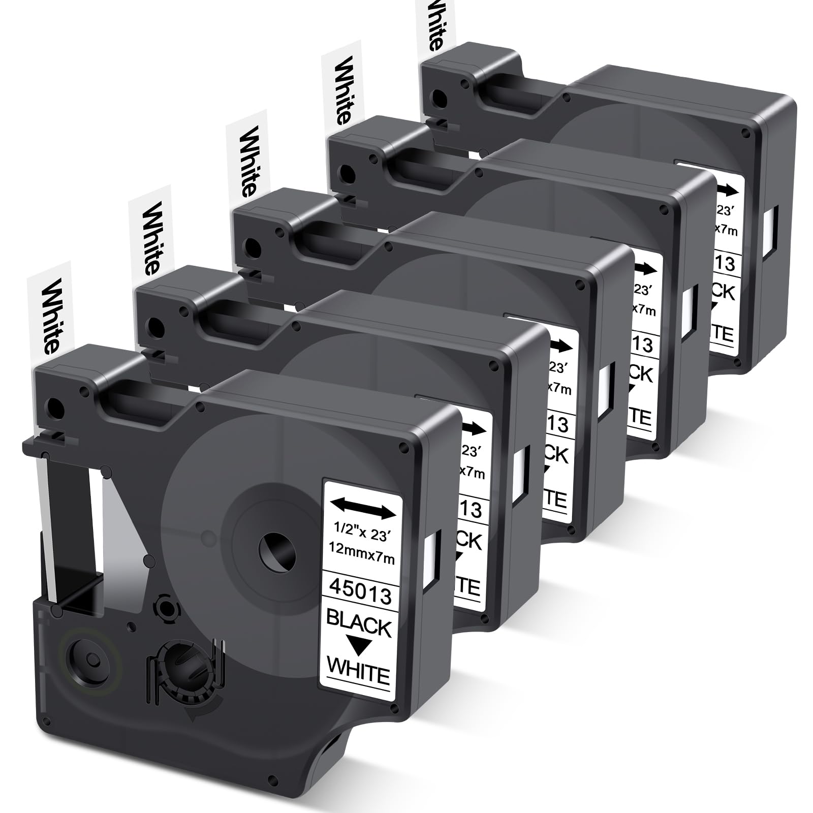 Compatible with Dymo D1 Label Tape 45013, Black on White D1 Tape 12mm for Dymo Label Maker Refills A45013, for LabelManager/Point/Writer 160, 210D, 360D, 420P, 450D, 5-Pack