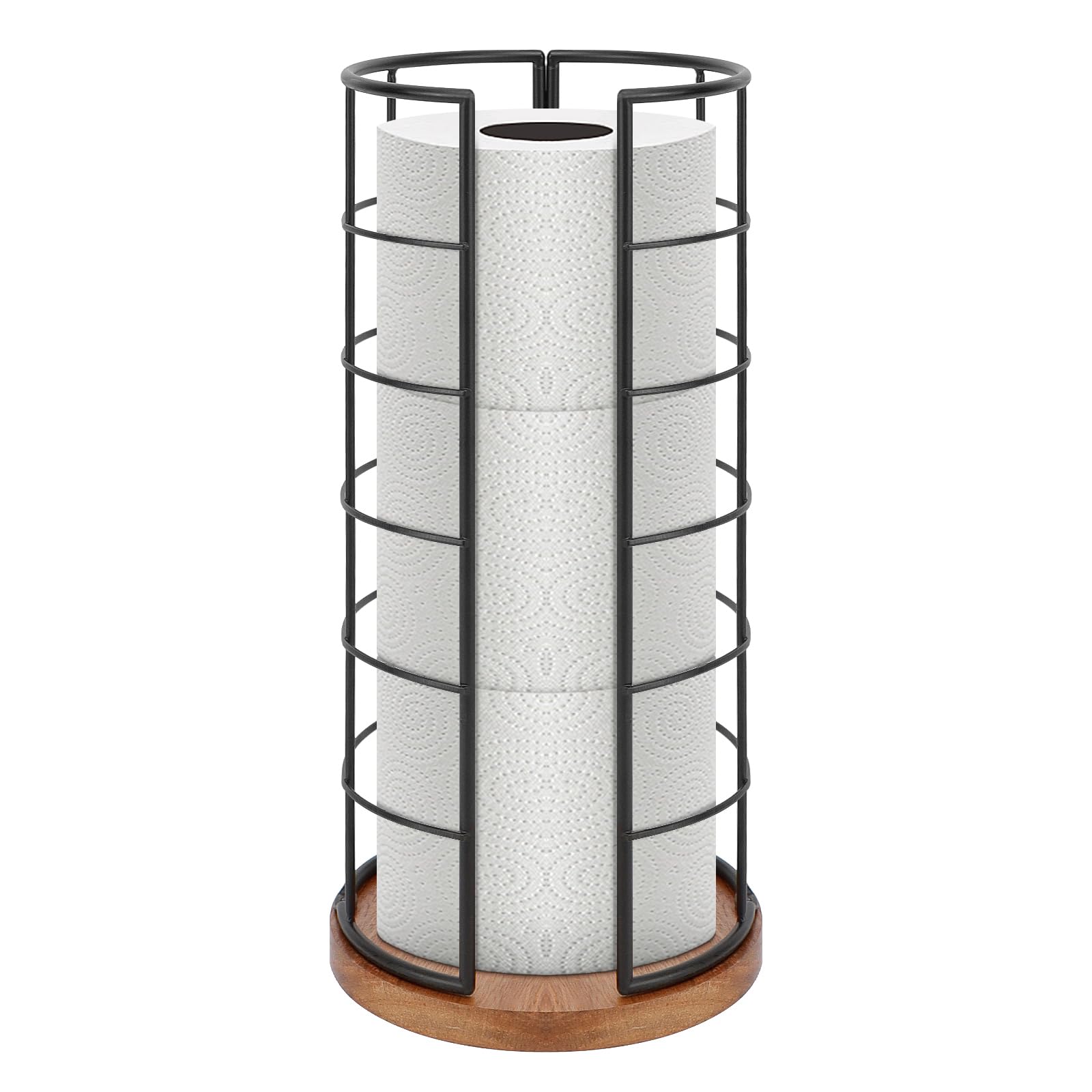 Photo 1 of NearMoon Toilet Paper Organizer Stand, Freestanding 3 Rolls Tissue Storage, Metal Bathroom Accessory, Rustproof Toilet Roll Holder for Kitchen Countertop Inside Cabinet Shelf(Wooden Base, Matte Black)