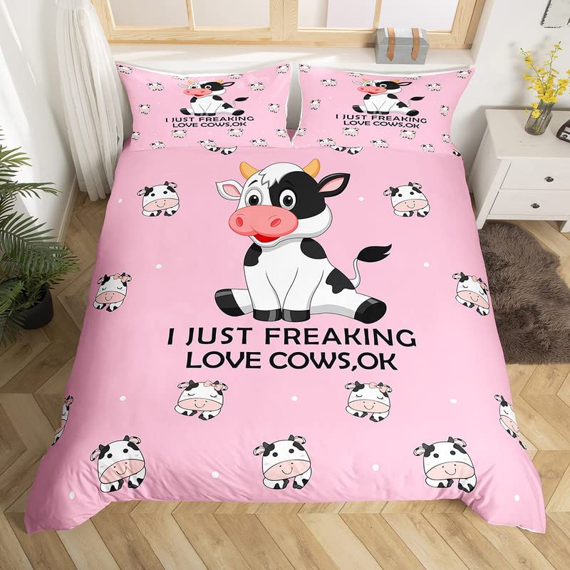 Homemissing Kids Double Size Comforter Set - Cute Farm Animal Duvet Cover, Breathable Cartoon Milk Cow Pink Bedspread, Kid Quilt Cover — image 1