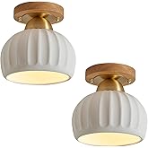2 Pack Ceramic Wood Brass Semi Flush Mount Ceiling Light Vintage Hallway Light Fixtures, Modern Small Ceiling Mount Light Lam