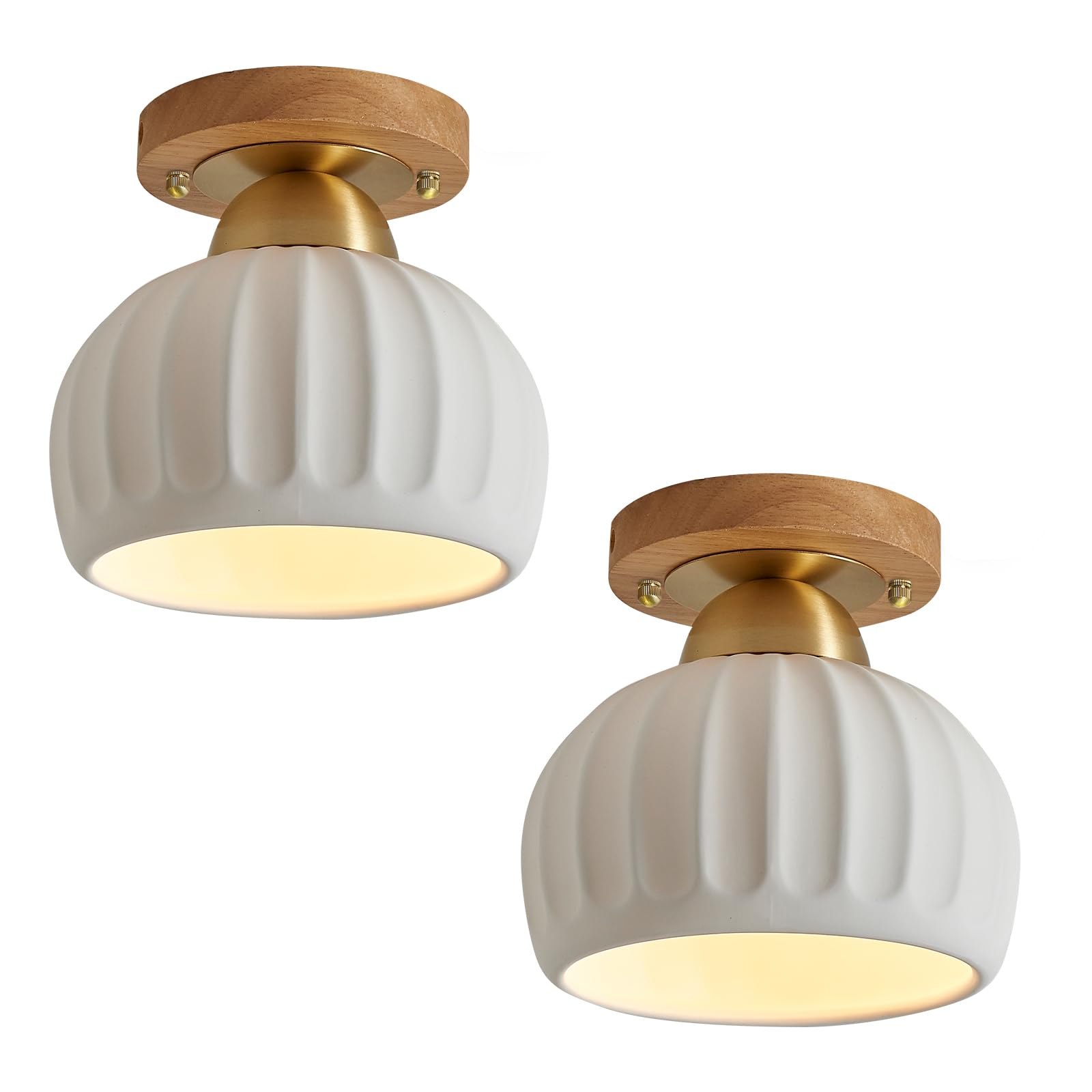 Photo 1 of 2 Pack White Ceramic Wood Brass Base Semi Flush Mount Ceiling Light Vintage Hallway Light Fixtures, Modern Small Flush Mount Ceiling Light for Dining Room Kitchen Entryway