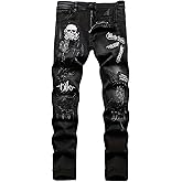 ESDVQ Men's Ripped Jeans Printed Jeans Black Skull Embroidered Slim Jeans Straight Leg Slim Stacked Jeans