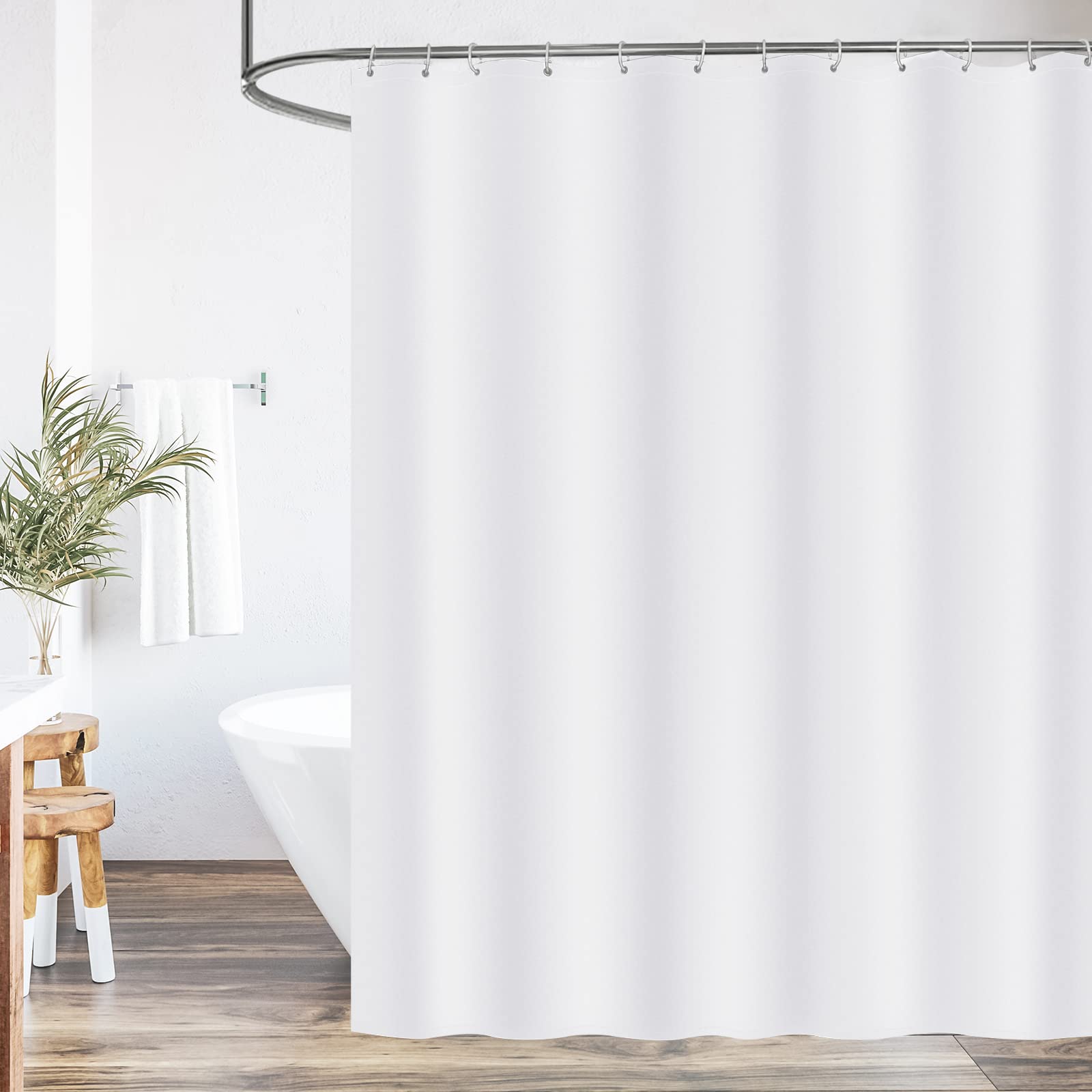 WELTRXE Shower Curtain Mould Proof Mildew Resistant, 180x180cm Waterproof Bathroom Curtain Set With Hooks, Weighted Hem, Solid White Polyester Fabric Bathtub Curtains For Hotel Bath Tub, Washable