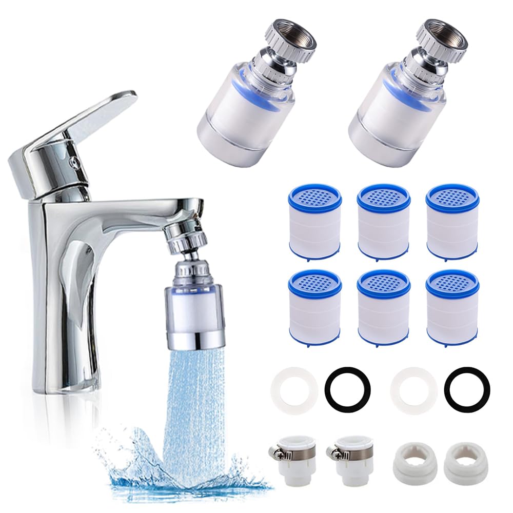 RHQFDM 2 Pieces Water Filter Faucet 360°Rotatable Faucet Filter with 6 pcs PP Cotton Filter Element Faucet Filter for Home Suitable Sink Kitchen Bathroom