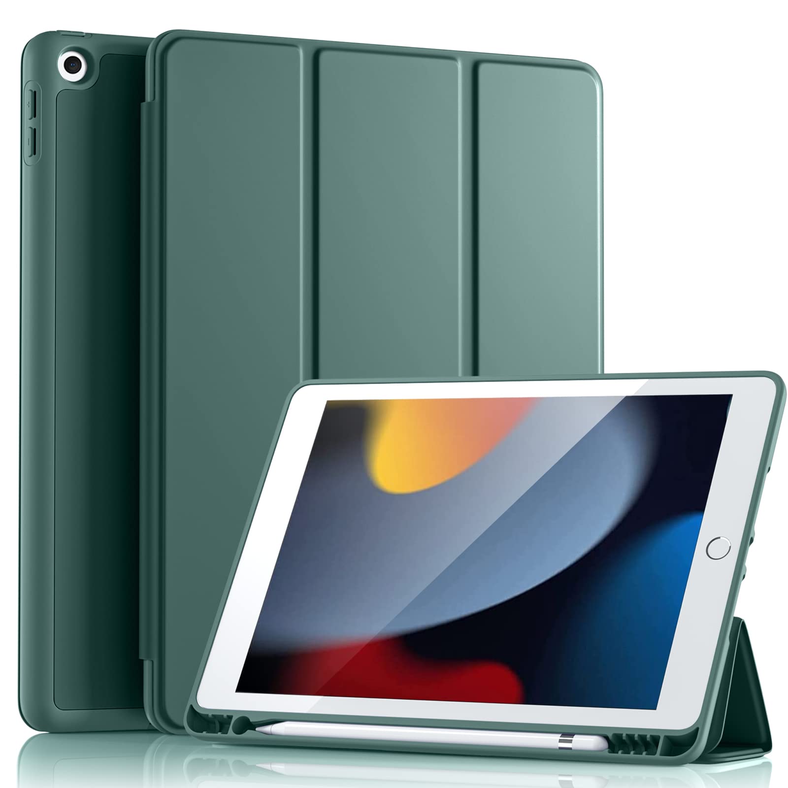 Vobafe Case for iPad 9th 8th 7th Generation 10.2 Inch Case (2021/2020/2019 Model, iPad 9/8/7), Flexible TPU Back Cover, with Pencil Holder, Auto Wake/Sleep, PineGreen