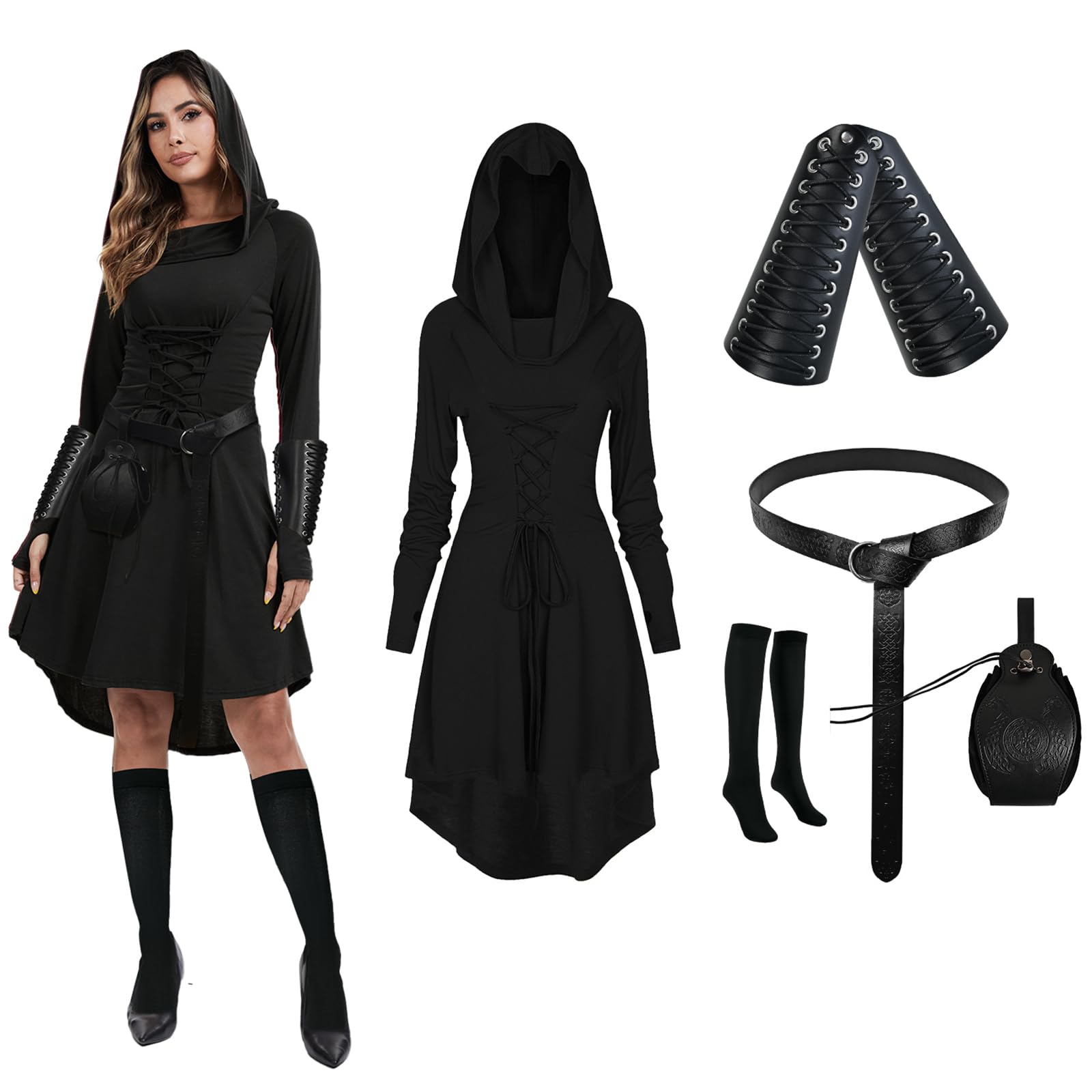 PORJDN Women Gothic Medieval Renaissance Dress Hooded Long Sleeve Costume Set Halloween Outfit with Corset Belt Coin Bag Over Knee Socks Arm Bracers (Black, S)