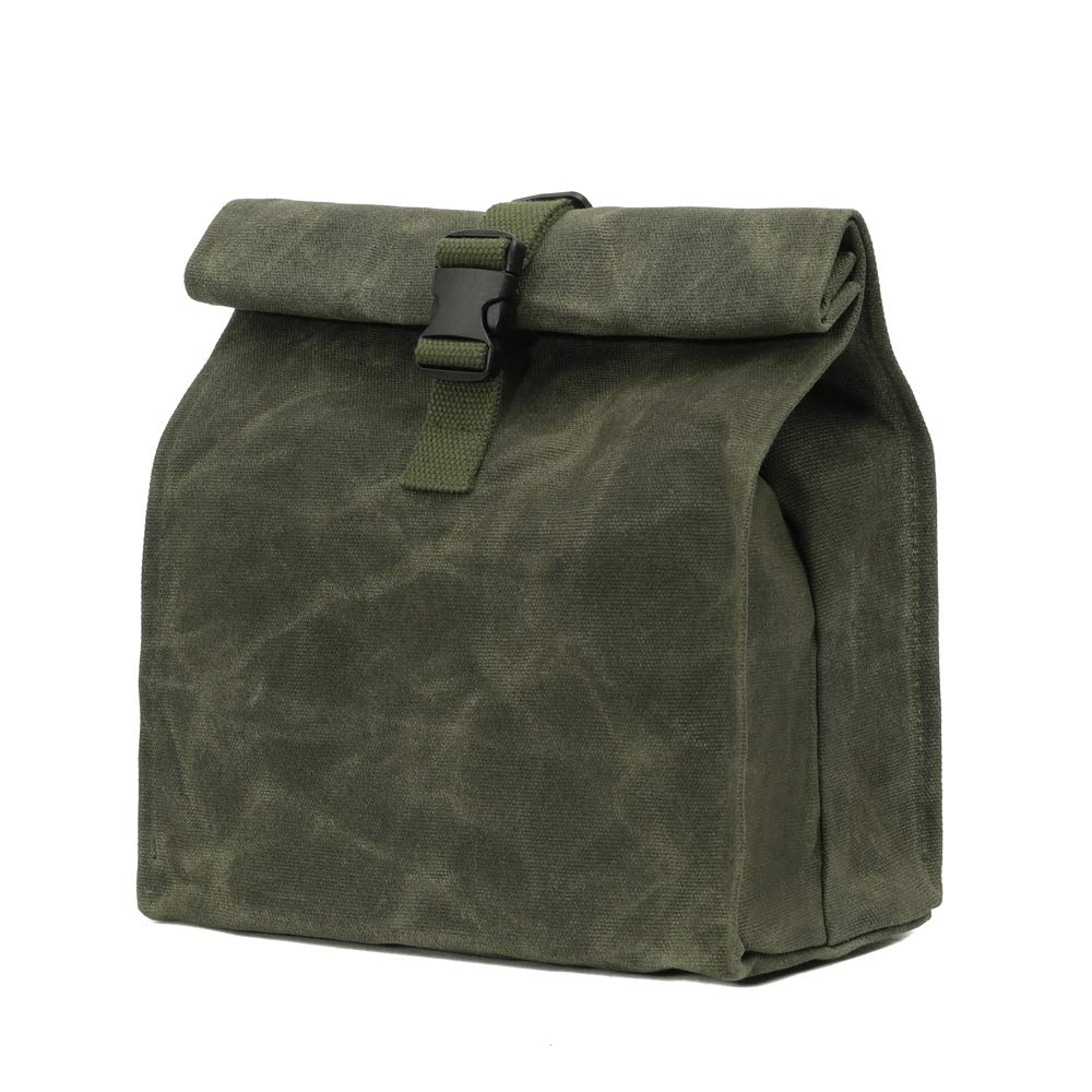 Durable Waxed Canvas Lunch Bags Eco-Friendly Reusable Lunch Box with Adjustable Buckle for Men, Women, Kids, Green, Soft Handfeel