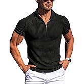 Gnvviwl Zipper Muscle Polo Shirts for Men Slim Fit Short Sleeve Cotton Ribbed Knit Golf Shirt
