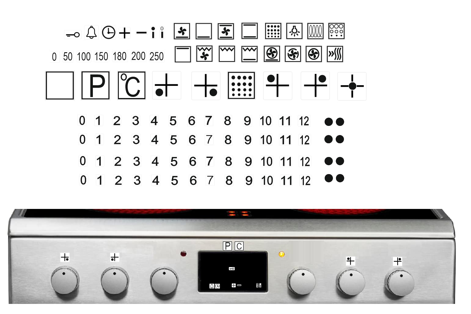 Cooker Sticker Set for Labelling Smudged Symbols (RP45) - Black on White Background