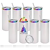 YOUKE OLA 8 Pack Rainbow Plated Stainless Steel Tumbler Straight Double Wall Powder Coated for Laser Engrave, 20oz White To Iridescent
