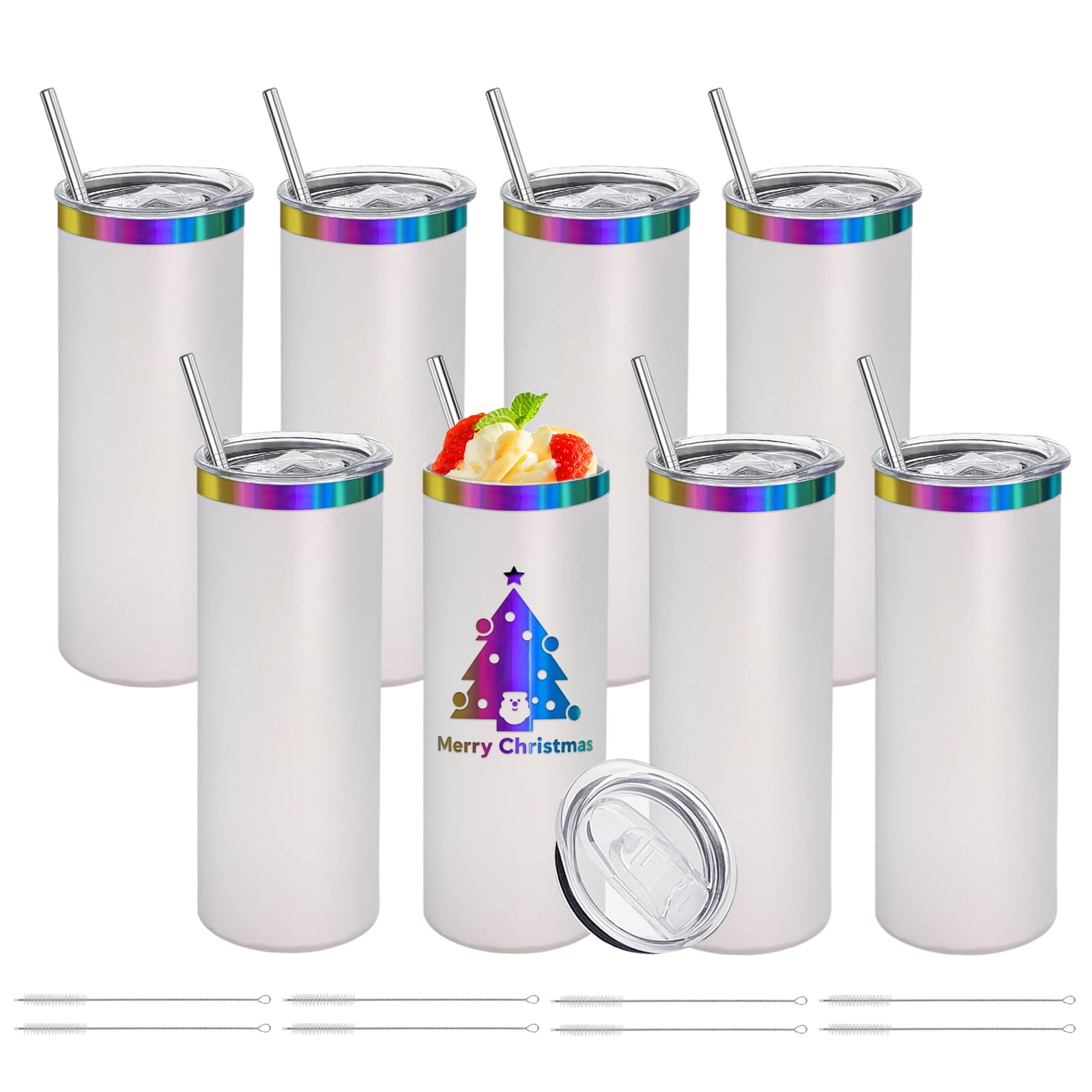 Photo 1 of **Partial Set**
YOUKE OLA 8 Pack Rainbow Plated Stainless Steel Tumbler Straight Double Wall Powder Coated for Laser Engrave, 20oz White To Iridescent