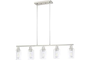 Dolaimy House 5 Light Modern Kitchen Island Chandelier Light 4.3 Inch Clear Glass Shade Brushed Nickel Pendant Lamp, Farmhouse Hanging Light Fixture for Kitchen Island Dining Room Bedside