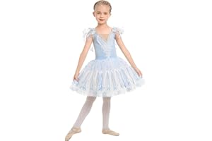 AFAVOM Toddler Ballet Leotards for Girls Glitter Tulle Skirt 2PCS Ruffle Sleeve Tutu Dresses with Hair Clip One Piece Outfits