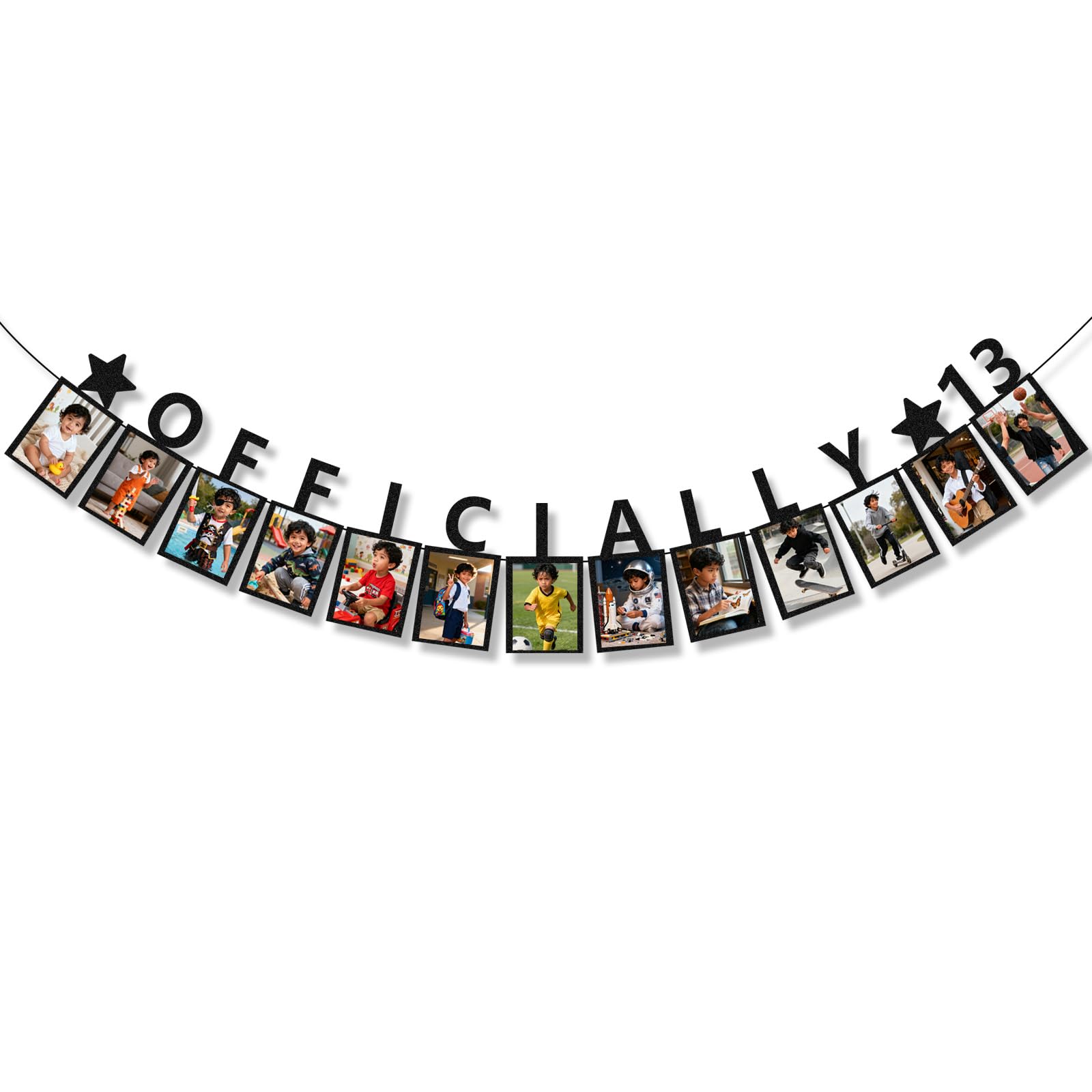 Photo 1 of 13th Birthday Party Decorations for Girls Boys Birthday Photo Banner, Teenager Banner Growth Milestone Wall Hanging with Adhesive and String for Party Supplies (Black)