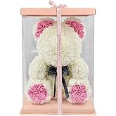 ASENVER Hand Made Rose Bear Artificial Flower Gift for Mather's Day Birthday Valentine's Day with a 15" Pink Gift Box (White-Pink Foot)