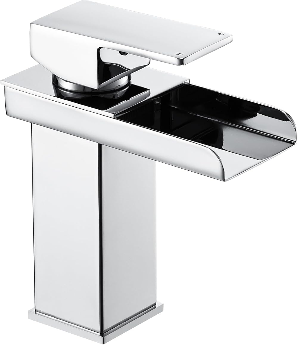 Peppermint Modern Waterfall Basin Mixer Tap Single Lever Hot Cold Chrome Square