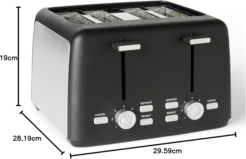 4-Scheiben Toaster mit 7 Bräunungsstufen, Extra Breite Schlitze, Brötchenaufsatz, Herausnehmbare Krümelschublade, 1500W, Schwarz