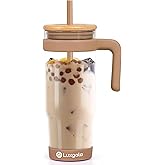 Luxgola 32 oz Glass Tumbler with Handle, Iced Coffee Cup with Bamboo Lid and Straws, Reusable Clear Glass Water Cup With Silicone Bumper - Fits in Car Cup Holder, Dishwasher Safe, BPA Free - Khaki