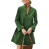 EZAPINE Women Corduroy Dress V Neck Long Sleeve Casual Vintage Retro A Line Mini Dresses