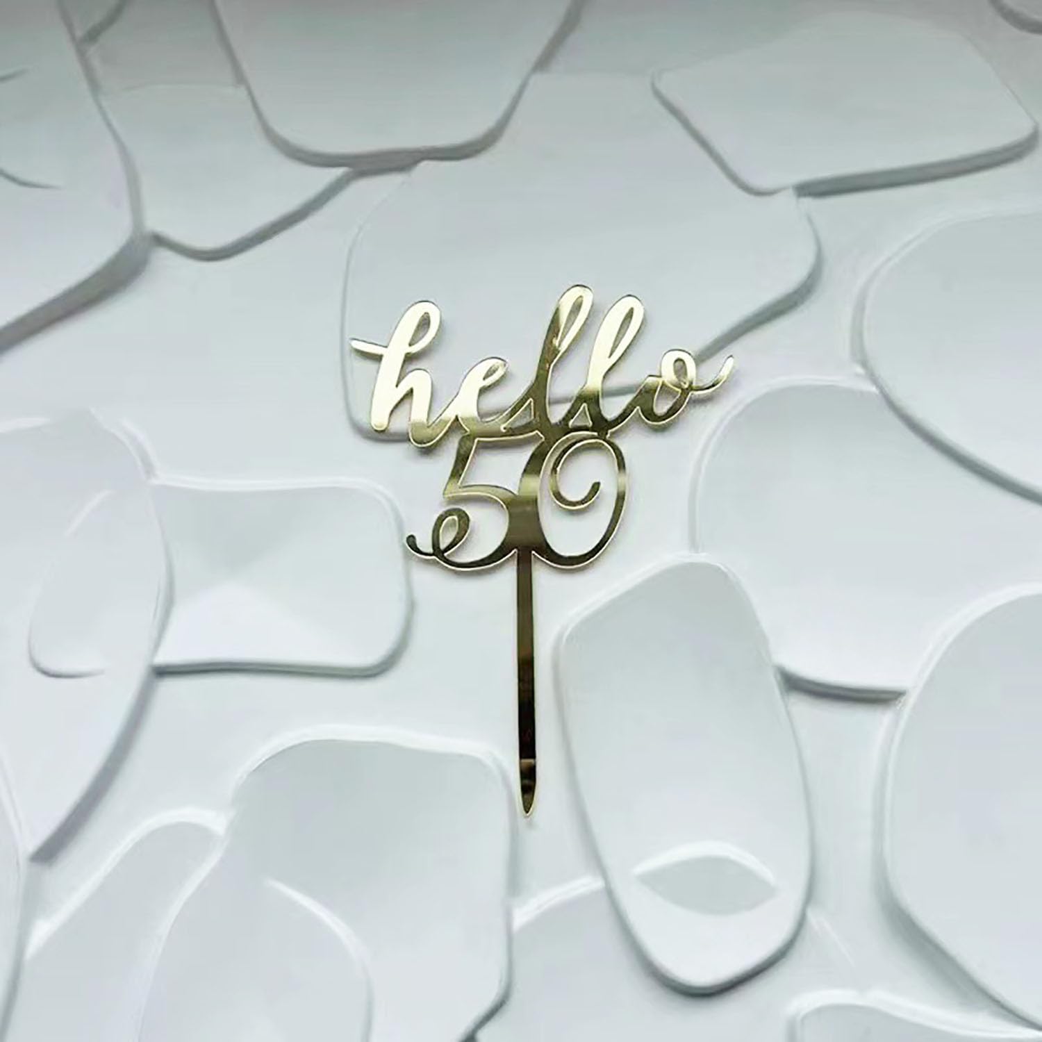 Photo 1 of Hello 50 Cake Topper, Acrylic Gold Mirror 50 Birthday Cake Side Decoration, 50 Year Old Happy Birthday Cake Decoration 50th Anniversary Party Supplies (HELLO 50)