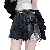 RILGOU Women Y2K Harajuku Style Kawaii Pastel Goth Fashion Casual A-Line Vintage Ribbon Ripped Trim Jeans Shorts