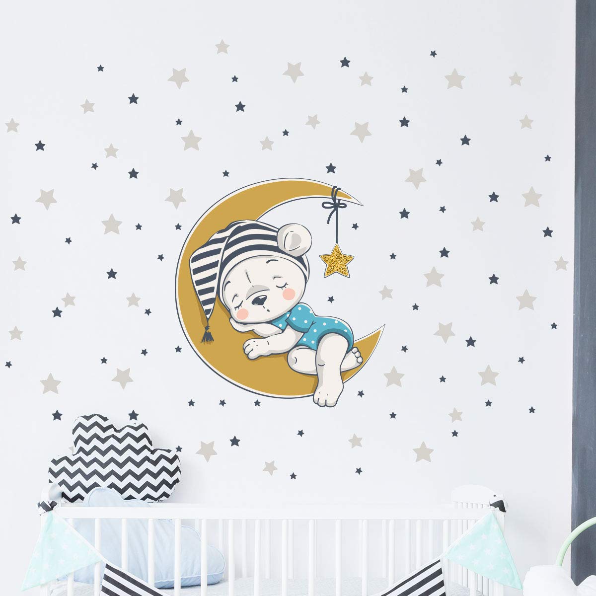 Wall Stickers for Children – Baby Room Decoration – Wall Stickers – Bear on Moon + 100 Stars – Wall Sticker – H30 x L30 cm