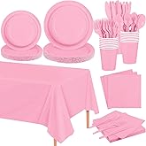 JINFANRUI 169PCS Disposable Paper Plates and Bowls Sets Pink Paper Plates and Napkins Party Supplies Disposable Plates Paper Dishware Set for 24 Guests for Party Baby Shower Birthday Wedding(Pink)