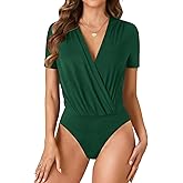 OPOIPIN Women's Wrap V Neck Ruched Short Sleeve Bodysuit Leotard Top Dark Green Small
