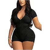 WDIRARA Women's Plus Size Zip Up Romper Short Sleeve Knitted Skinny Shorts Jumpsuit