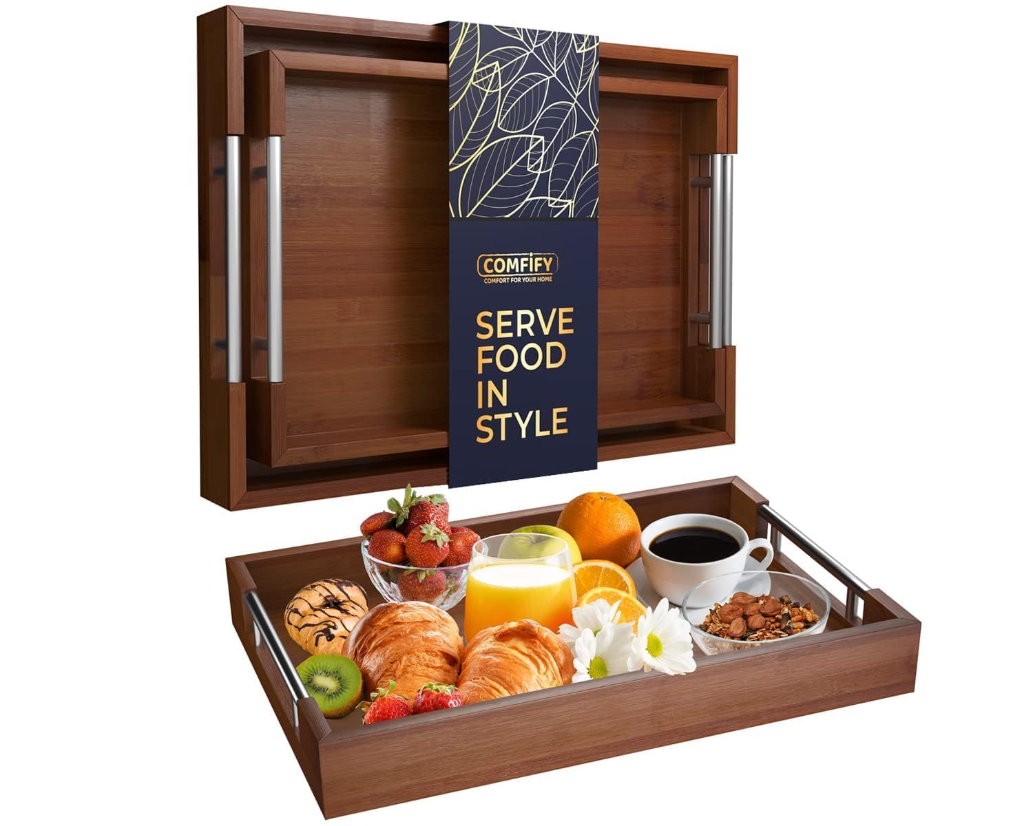 Photo 1 of Set of 2 Decorative Serving Trays - Bamboo + Silver Stainless Steel Handles - Coffee Table or Ottoman Tray for Breakfast in Bed Jewelry, Decor Organization - 12"x17" - Stained Brown Finish