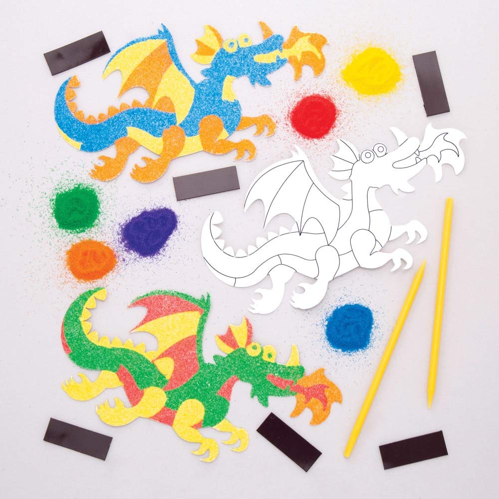 Baker Ross AW569 Dragon Sand Art Kit with Magnets (Pack of 6) Craft Kits for Kids
