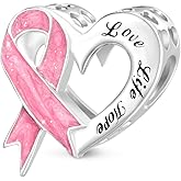 GNOCE Breast Cancer Awareness Pink Ribbon Heart Charm Sterling Silver Bead Charm Fit Bracelet/Necklace for Women Wife/Jewelry Gift