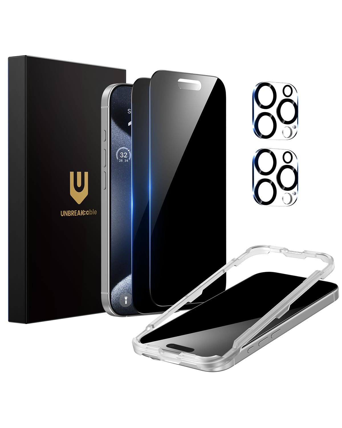 UNBREAKcable Privacy Screen Protector for iPhone 15 Pro Max (6.7-Inch), 2-Pack + 2 Lens Protectors｜25° Anti-Spy｜9H Hardness｜Anti-Fingerprint｜HD Clarity Tempered Glass