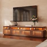 POVISON 94.49'' Fully Assembled TV Stand with Adjustable LED Lights, Walnut | Mid-Century Modern TV Console, Media Console for 85-98 Inch TV, Ventilated Storage, Horizontal Slatted, Soft Close Doors