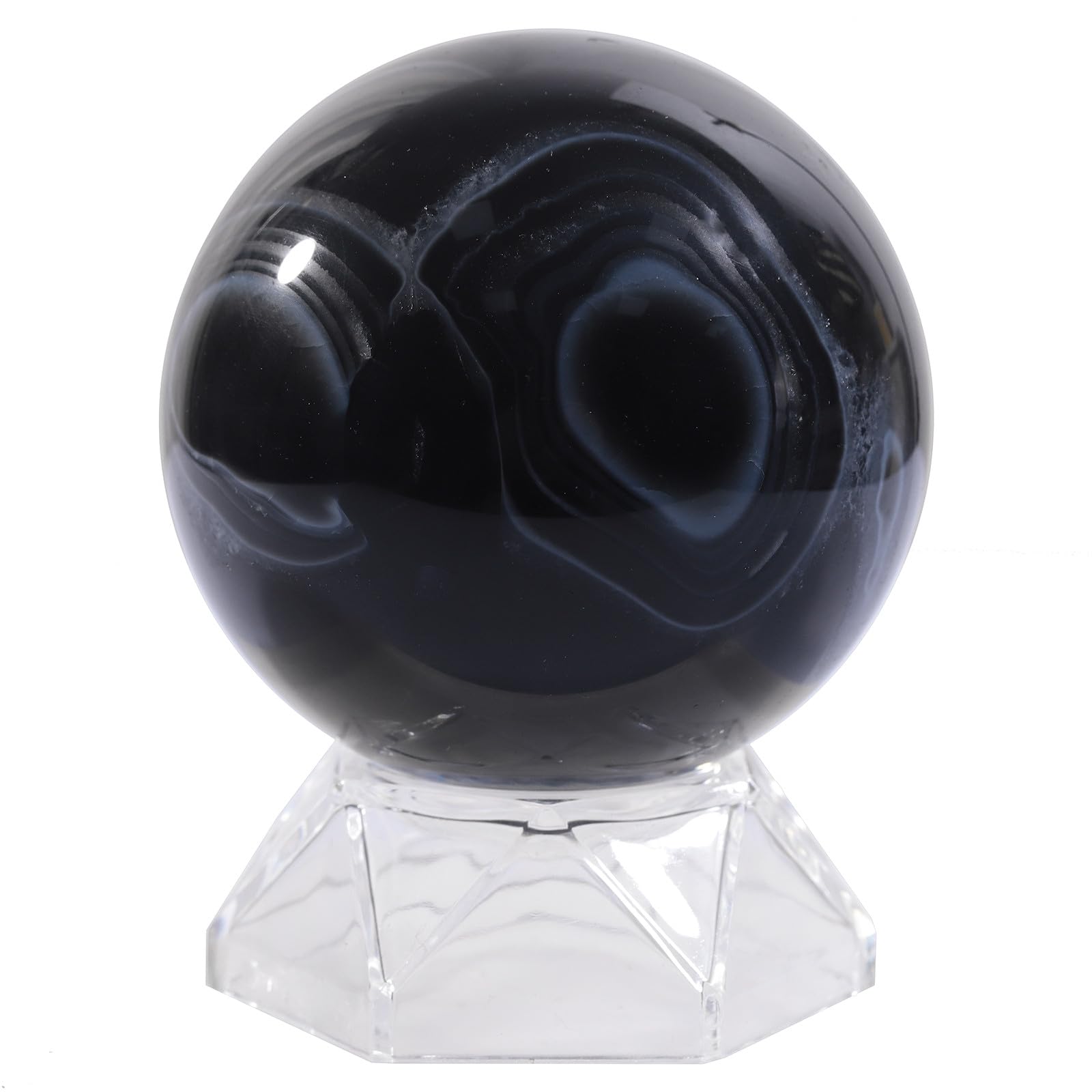 mookaitedecor 61-70mm Striped Black Agate Crystal Ball Sphere Ornament with Stand Rare Crystals and Gemstones for Collecting, Black and White Healing Crystal Geode Ball Gift Rock and Mineral Decor