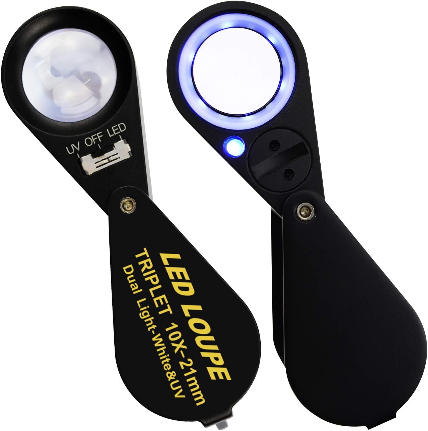 10x 21mm LED Loupe Jeweler Magnifier Magnification Dual 6 LED Lights (White) & UV Light, Black Frame, Foldaway Pocket, Achromatic Aplanatic, Triplet Lens Magnifying Gem (10X Magnificaiton)