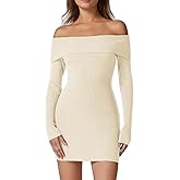 QINSEN Women's Off The Shoulder Ribbed Knit Sweater Dress Folded Neck Long Sleeve Mini Dress 2024 Trendy Fall Outfits