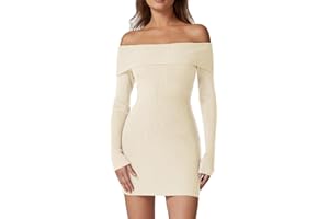 QINSEN Women's Off The Shoulder Ribbed Knit Sweater Dress Folded Neck Long Sleeve Mini Dress 2024 Trendy Fall Outfits