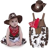 FANCYINN Toddler Baby Boys Western Cowboy Romper Sets Halloween Cosplay Dress Up Play Outfits with Scarf and Hat 3 Months-6T