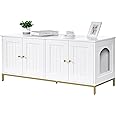 Homhedy Cat Litter Box Enclosure for 2 Cats, Cat Washroom Furniture with Double Room, Pet House with Metal Frame, 47.2”L x 17.7”W x 21.7”H, White and Gold