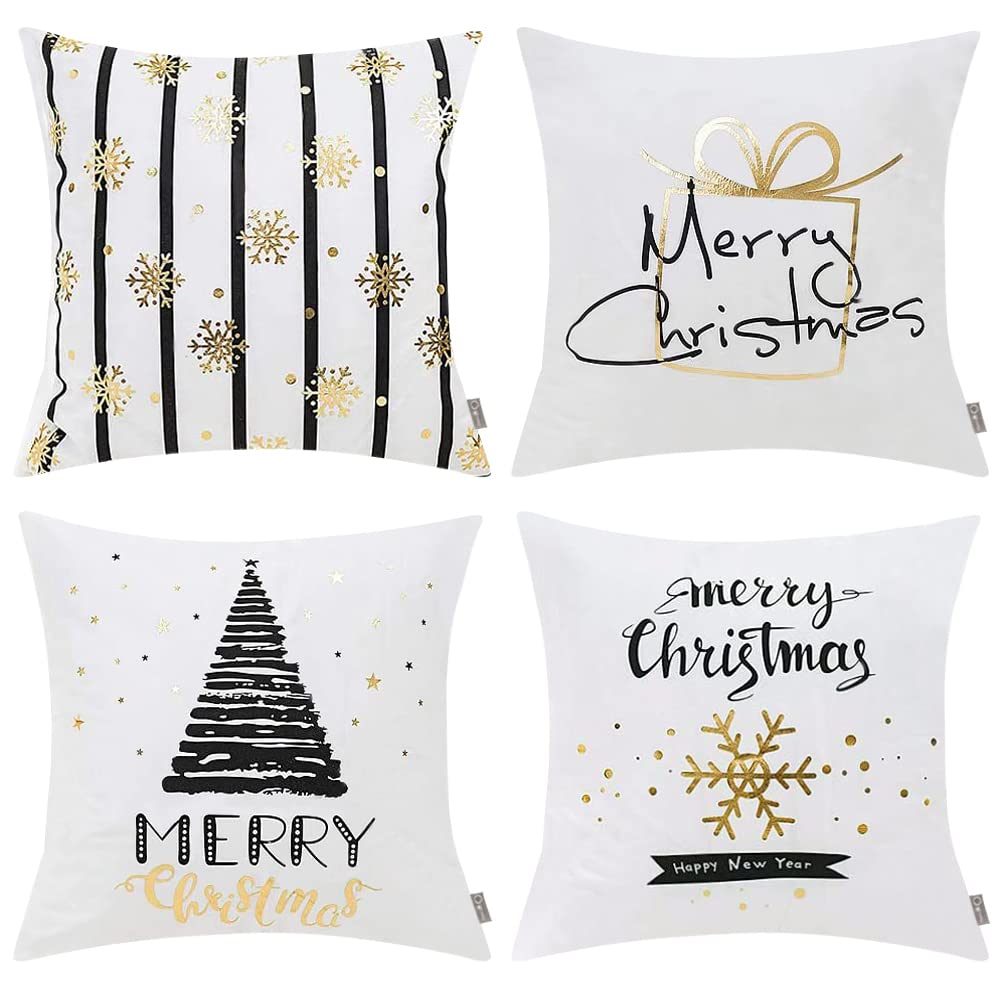 ORANIFUL Christmas Cushion Covers 45 x 45 Set of 4 Gold Velvet Holiday Pillow Case for Sofa Couch Bedroom Xmas Decorations Throw Pillowcase 18x18 Inches (4pack-09)