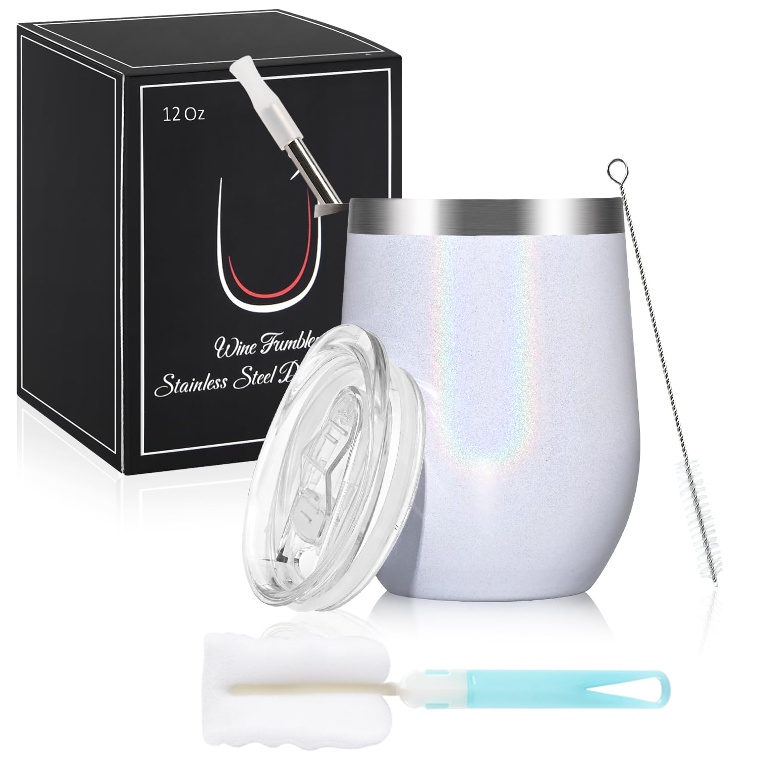 Joymaking 12oz Insulated Stainless Steel Wine Tumbler with Lid and Straw, Double Walled Wine Glass Tumbler Gift for Women, Great for Hot & Cold Drinks - Wine Champagne Coffee Ice Cream, White Rainbow