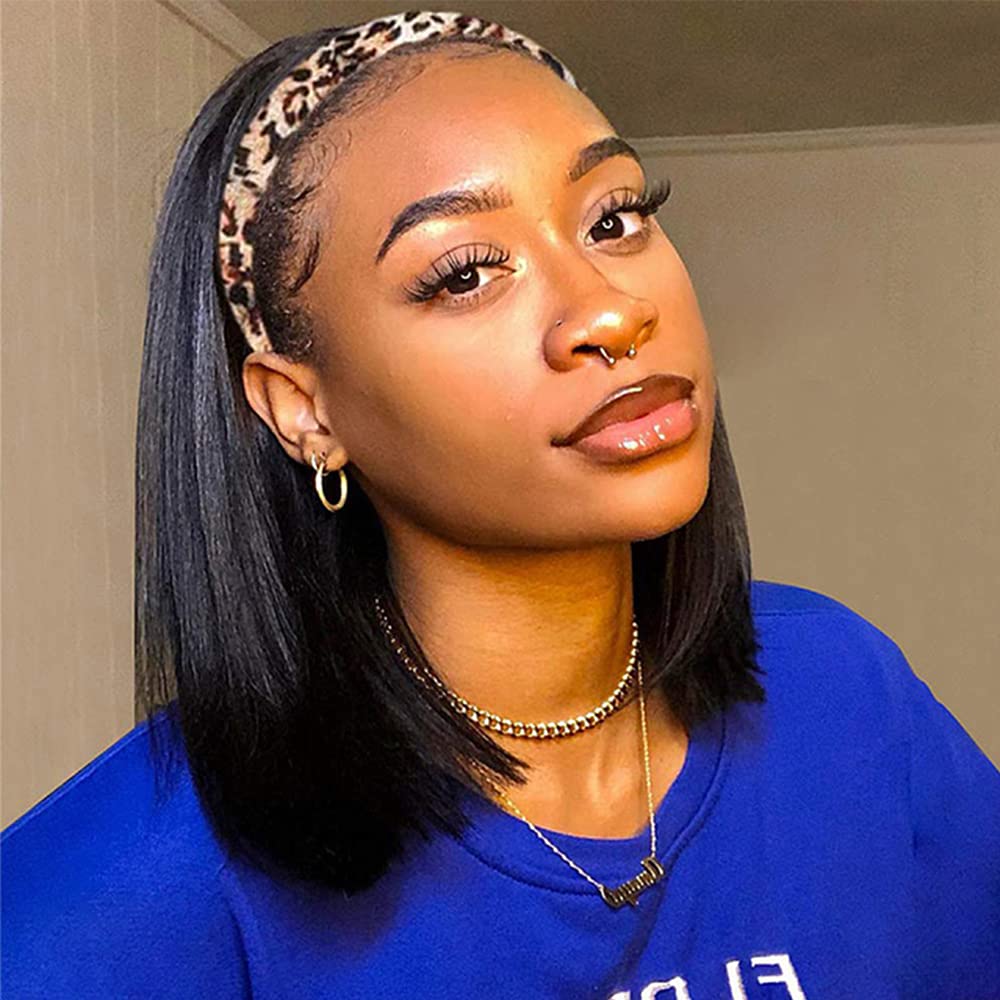 Photo 1 of AISI Bob Headband Wig Human Hair Short Straight Headband Wigs Remy Hair Easy Wear and Go Glueless Wigs ?Bob Headband Wigs for Women Black Color(150% Density 12Inch)