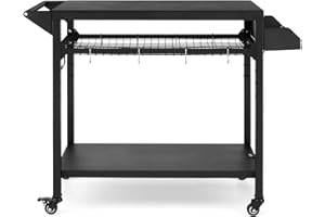 IDEALHOUSE 3-Shelf Outdoor Grill Table with Mesh Shelf, Rolling Grill Cart with Wheels, Pizza Oven & Food Prep Table, Blackst