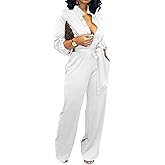 Yiershu Women's Jumpsuits Elegant Button Down Sexy V Neck Long Sleeve Bodycon Long Straight Pants With Belt