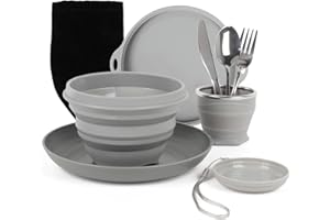 Portable Camping Dinnerware Set, Foldable Silicone Bowl and Cup, Stainless Steel Cutlery with Storage Bag, Grey