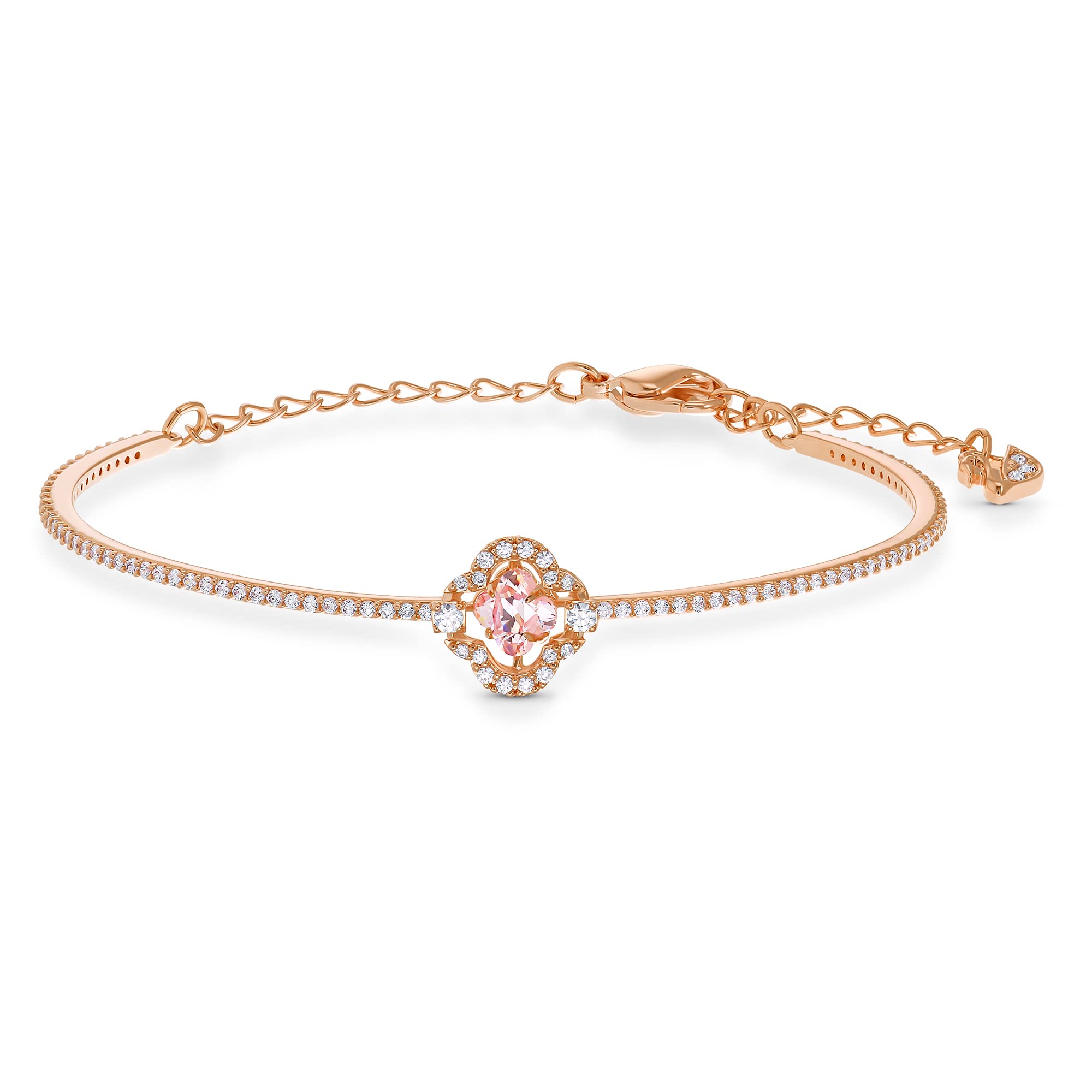 Photo 1 of Swarovski Una Clover Bangle Bracelet with a Pink Crystal Surrounded by White Crystal Pavé on a Rose-Gold Tone Finished Band